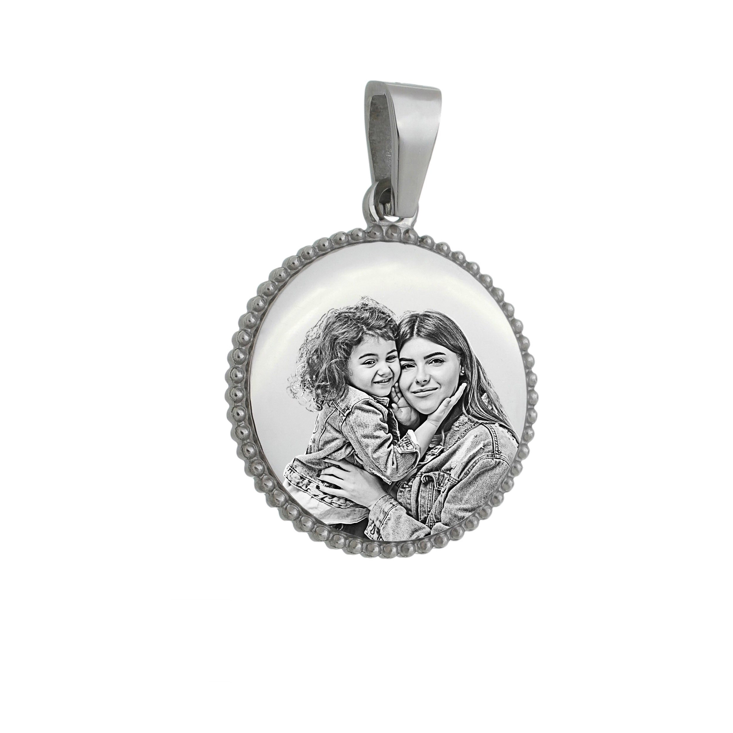Round Pendant - Cubic Zirconia Boarder - Engraved Mother and Child